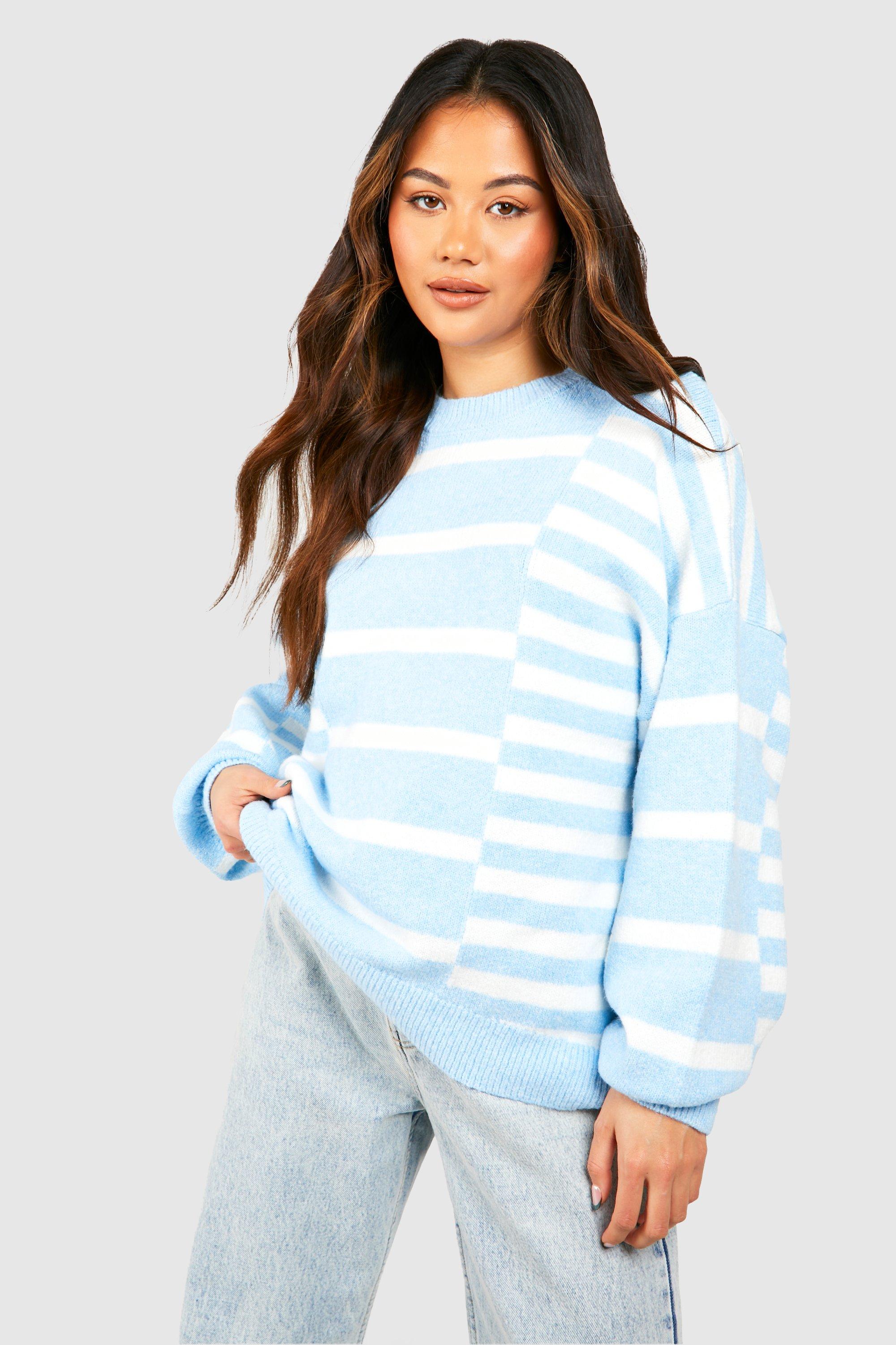 Womens Mixed Stripe Oversized Jumper - Blue - S, Blue